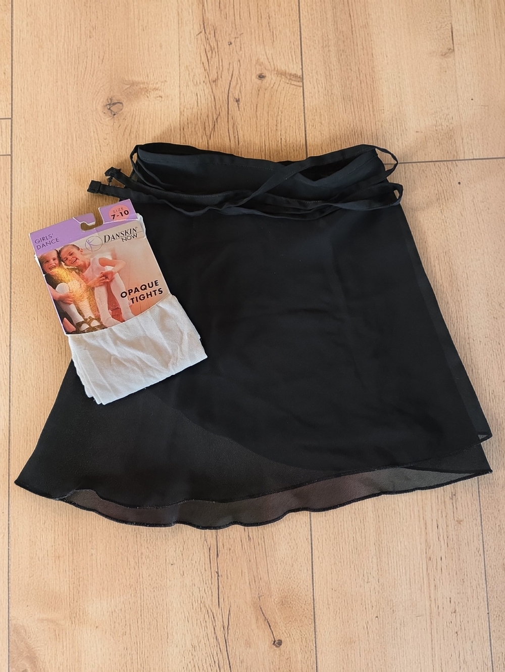Black Sheer Wrap Skirt with Ties & Danskin White‎ Opaque Tights Size 7-10